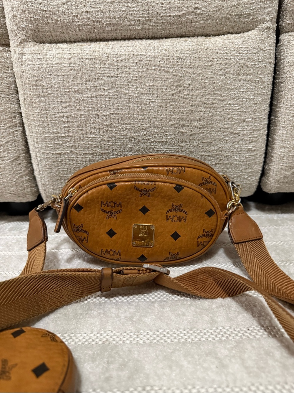 MCM Visetos Cognac Leather Crossbody Bag